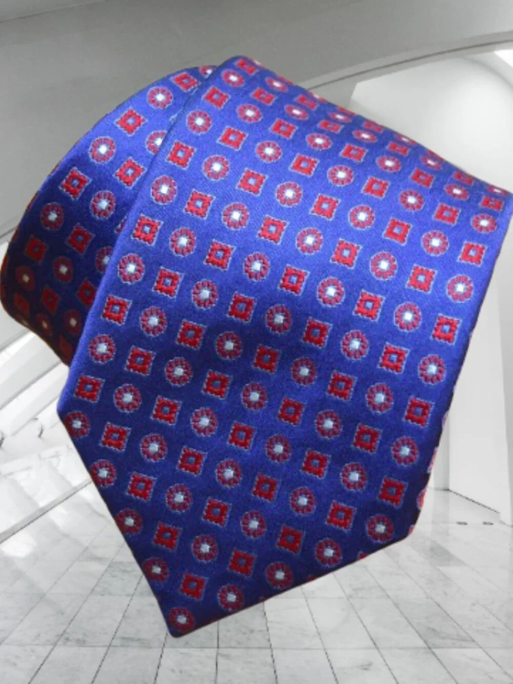 $550 BRIONI Navy Blue Red Aqua Geometric Medallion Handmade Italy Silk Neck Tie